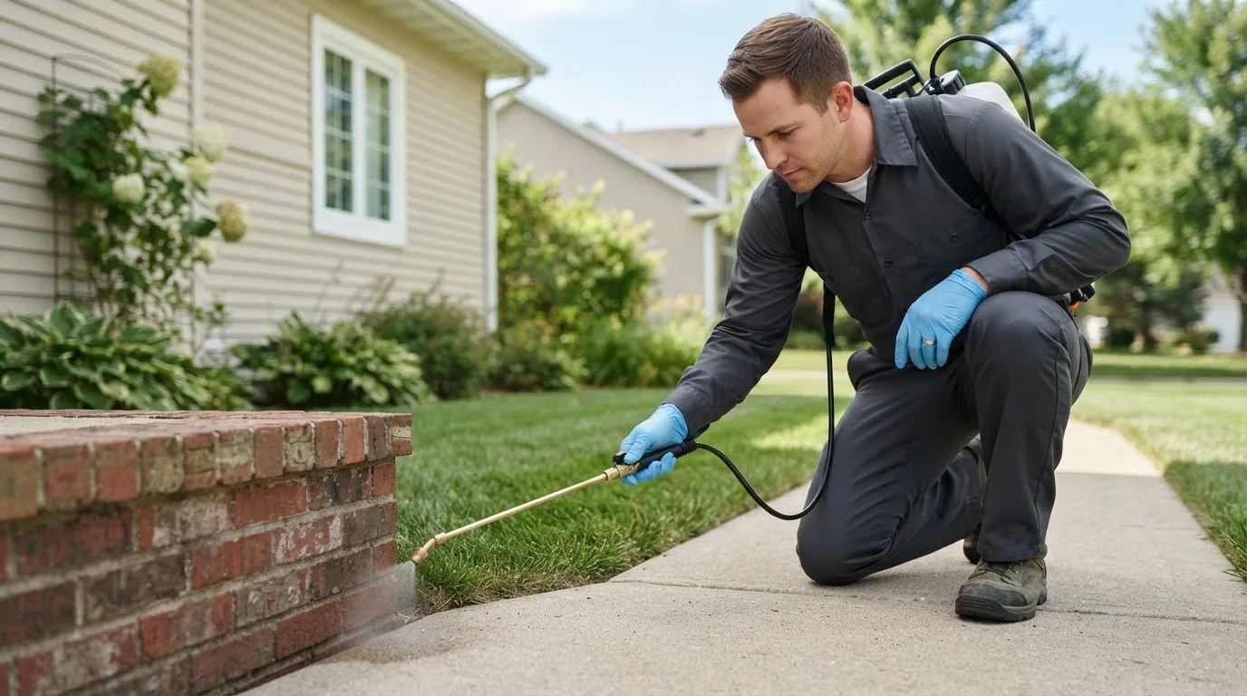 Pest control technician treating a home near Buffalo, IA