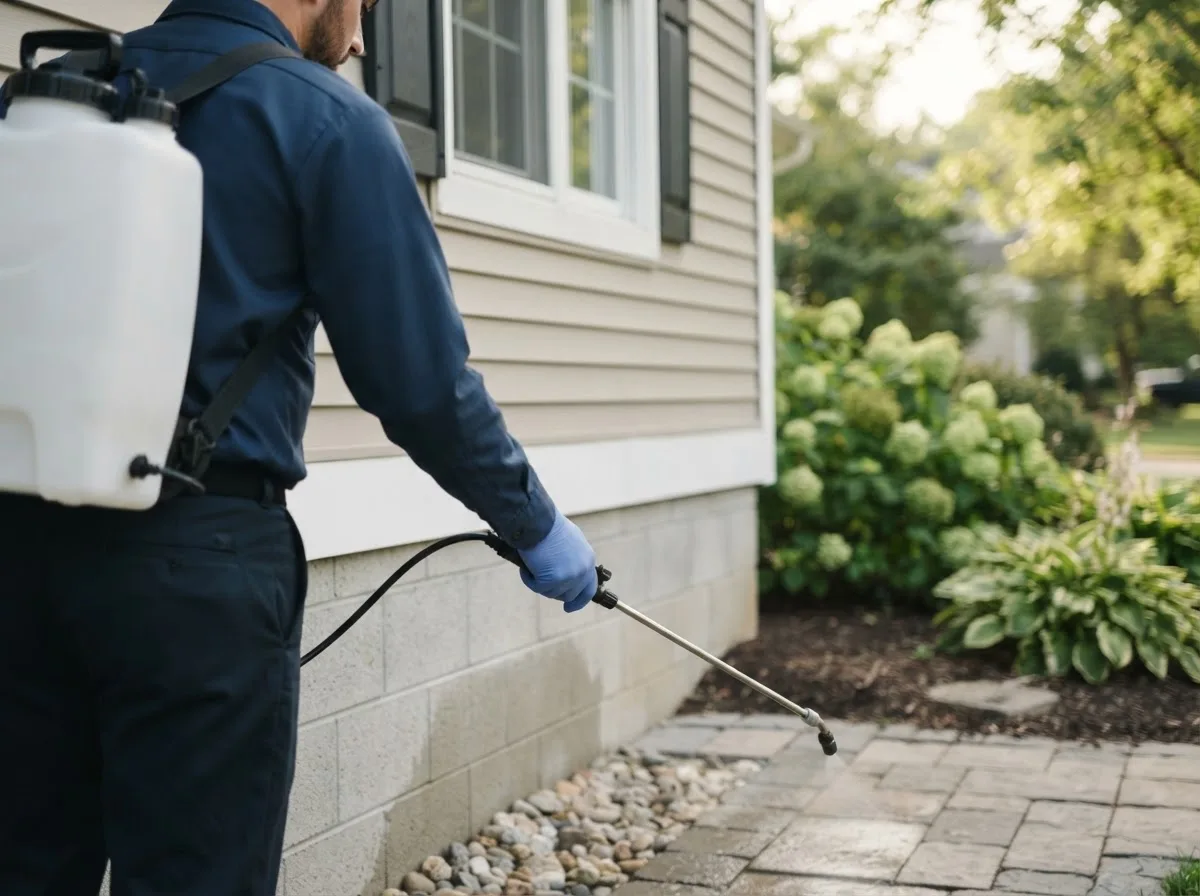 Pest control technician inspecting a home in Buffalo, IA